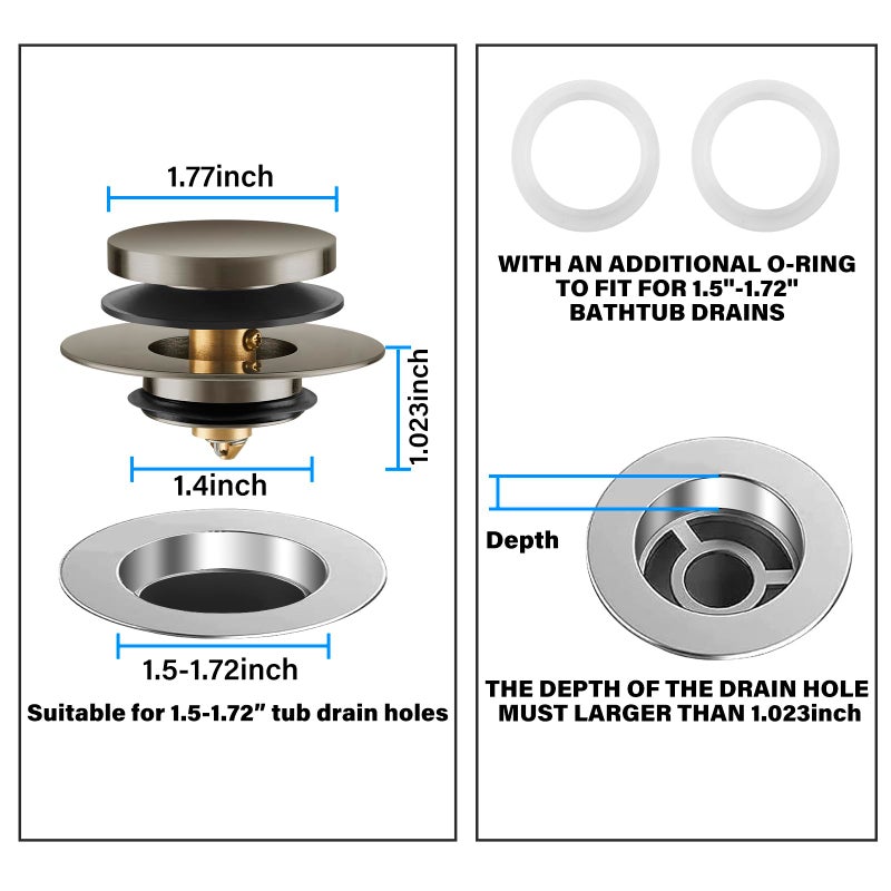 Uxoz Bathtub Drain Stopper  Uxoz Universal Tub Stopper for Replacing Tip Toe/Trip Lever/Lift&Turn Tub Drain  Bath Tub Drain Stoppers Desiged for 1.5"" to1.72 Drain Hole with 3 O-Rings  Brushed Nickel - Image 5
